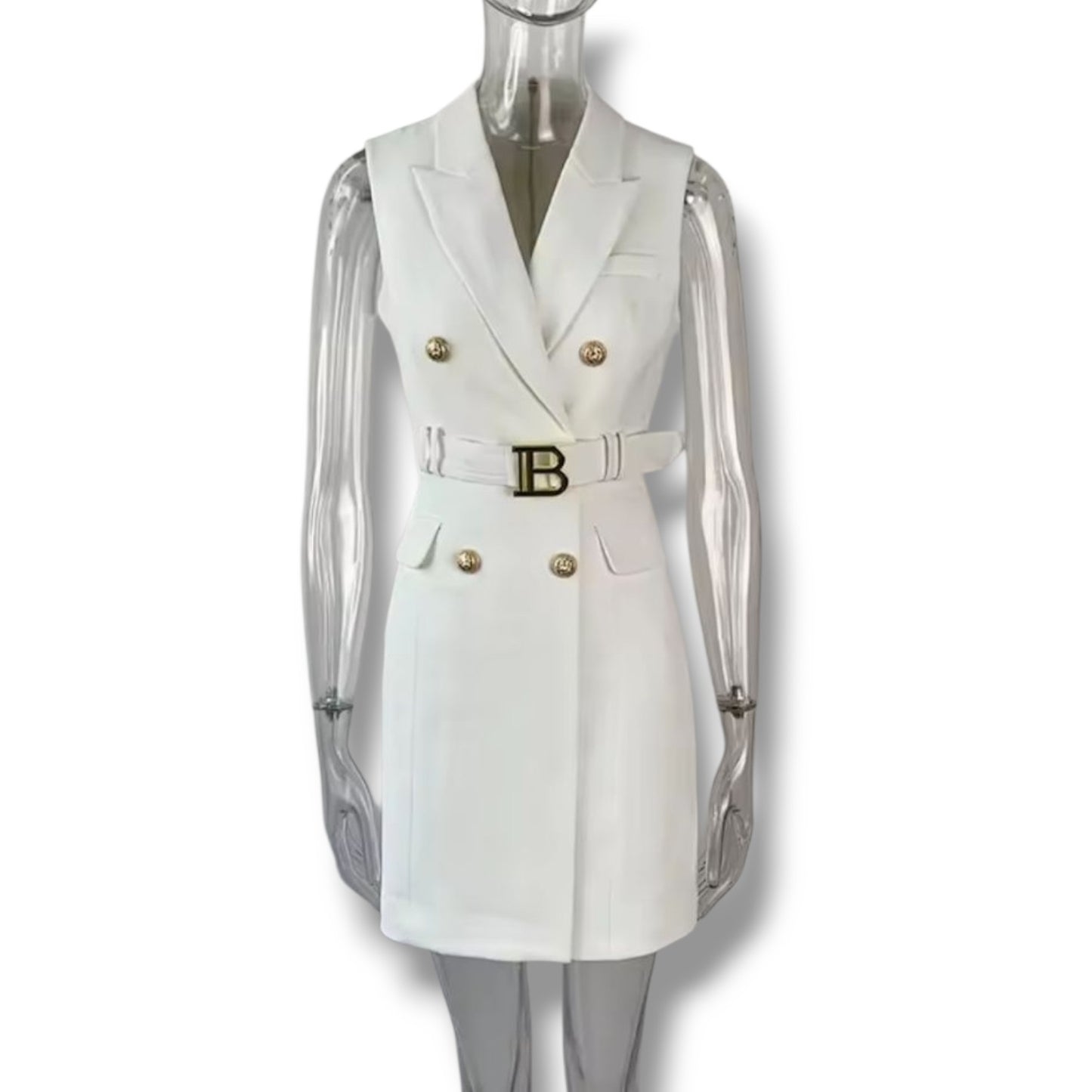 Vestido tipo blazer con doble botonadura y cinturón a juego