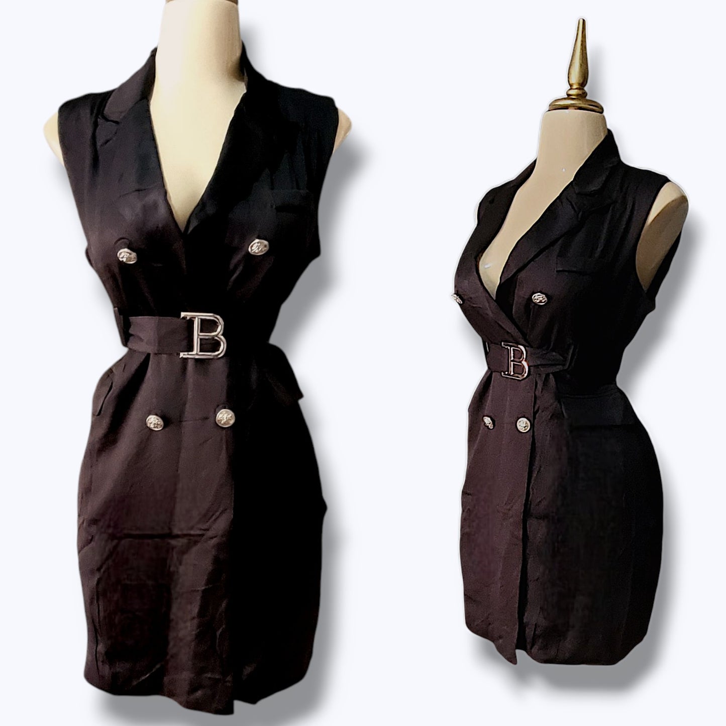 Vestido tipo blazer con doble botonadura y cinturón a juego