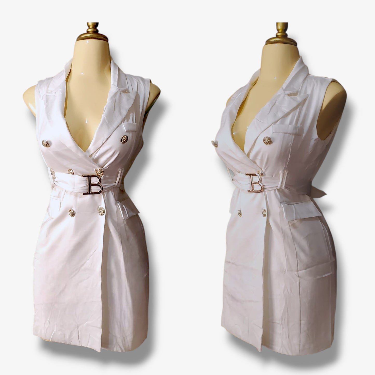 Vestido tipo blazer con doble botonadura y cinturón a juego