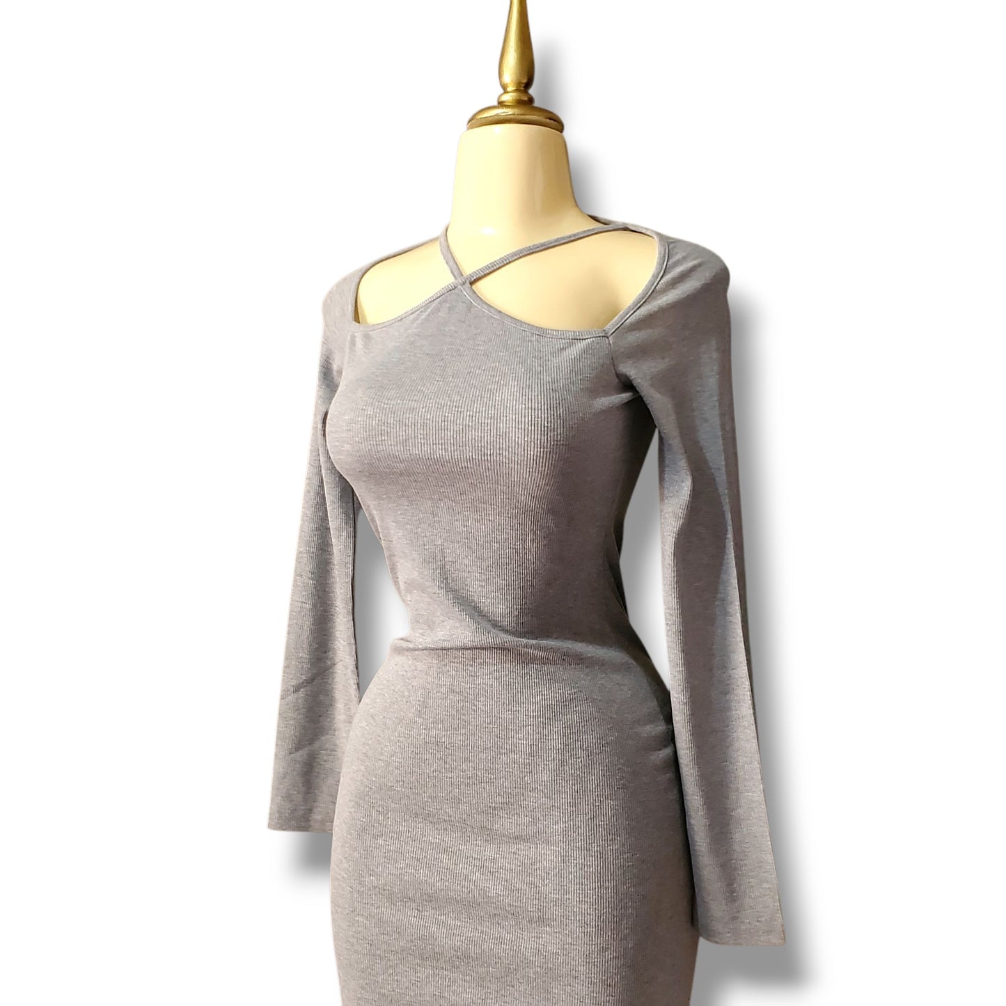 Vestido midi ajustado de manga larga con escote asimétrico y tiras en el cuello