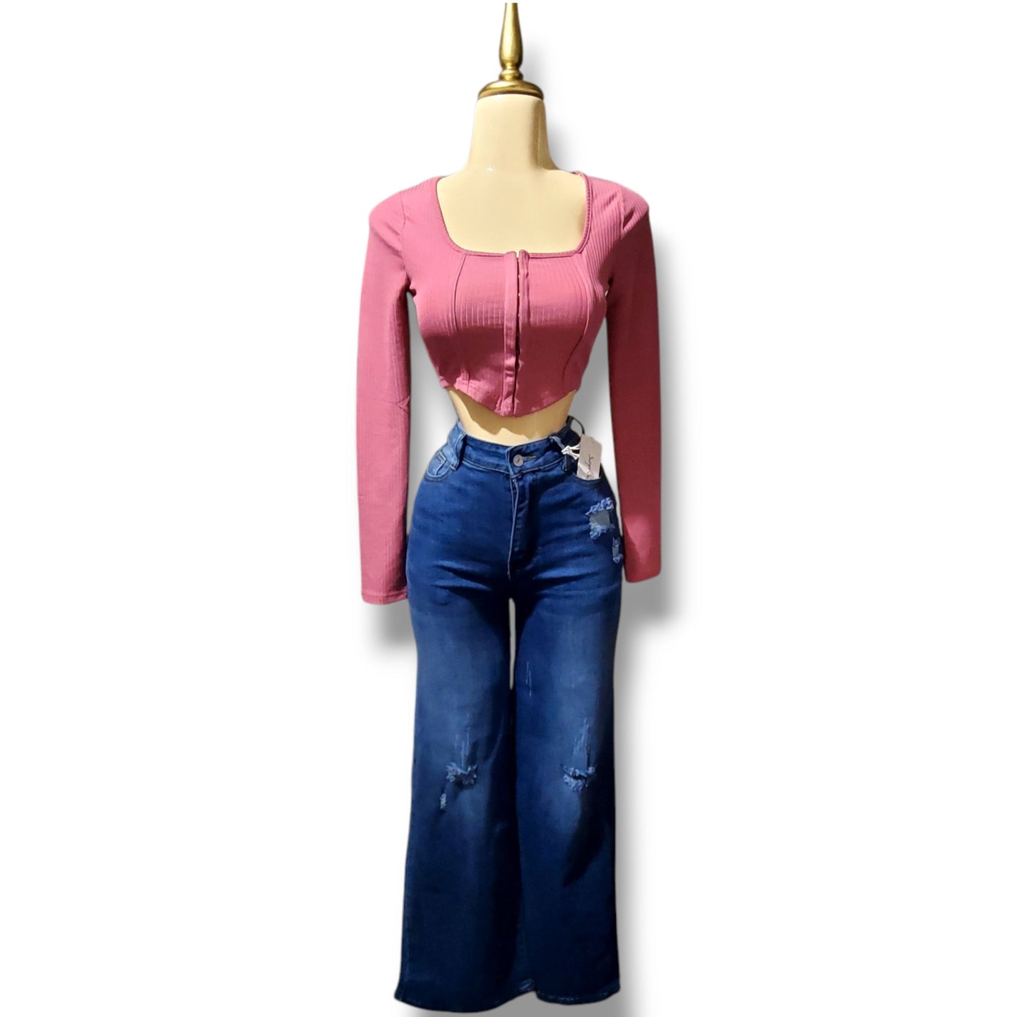 Blusa corta tipo bustier de manga larga con broches frontales