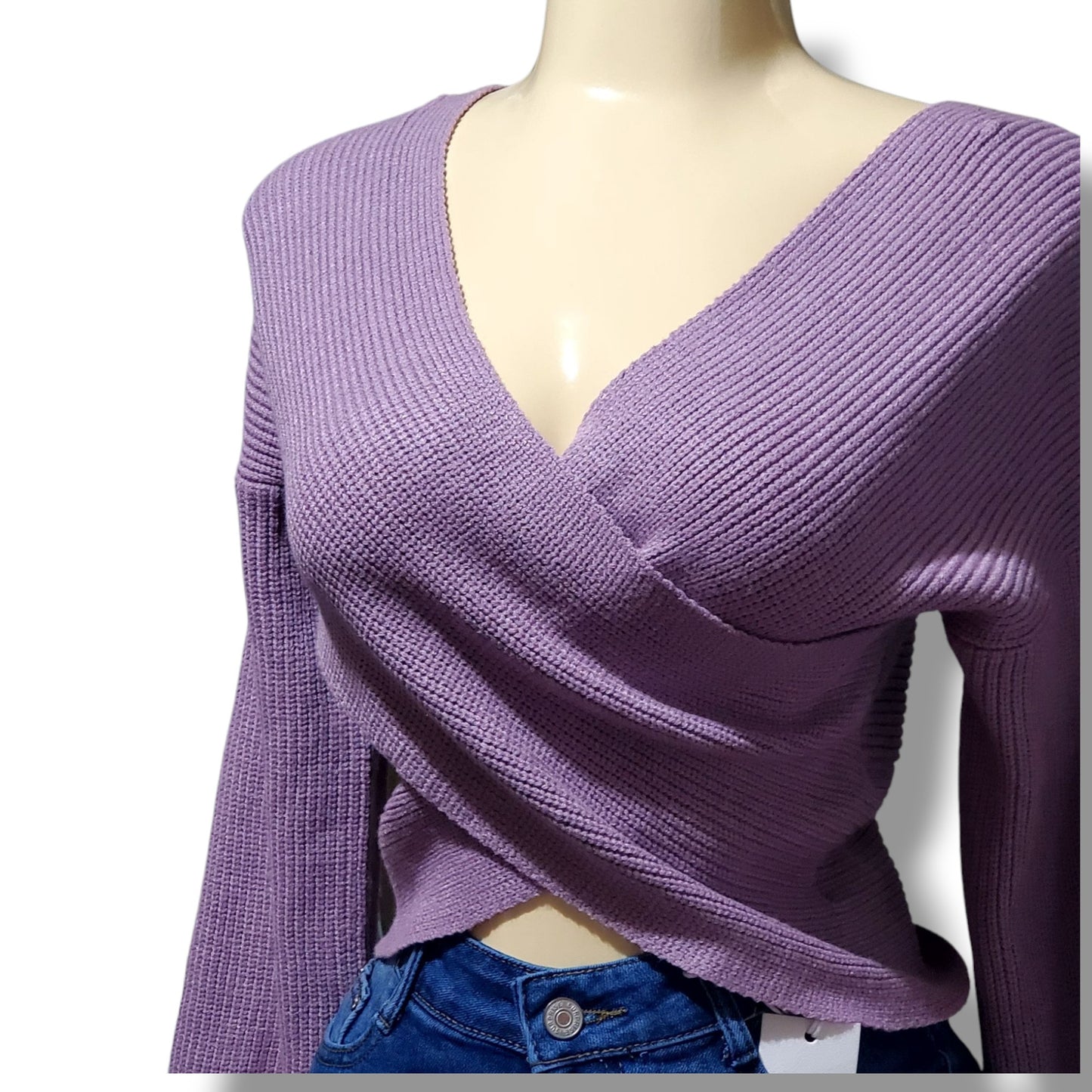 Blusa de punto cruzado con escote en V y mangas largas