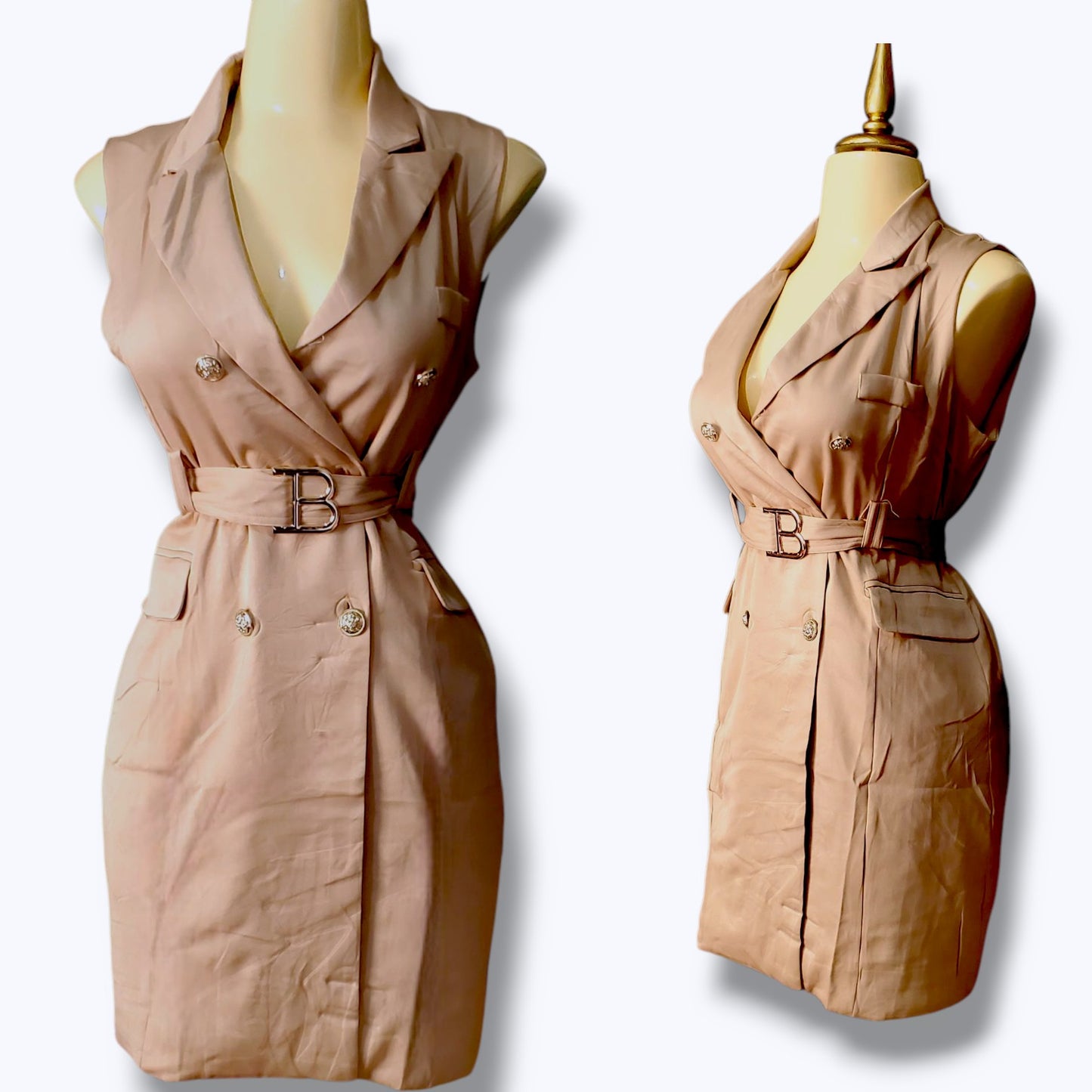 Vestido tipo blazer con doble botonadura y cinturón a juego