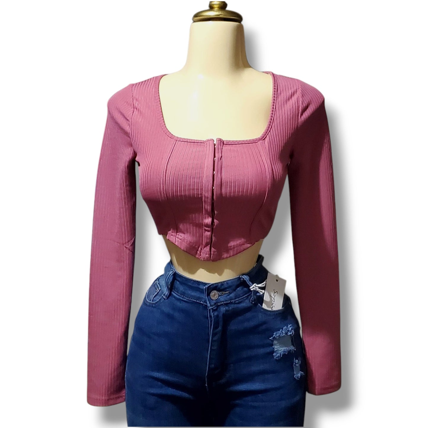 Blusa corta tipo bustier de manga larga con broches frontales