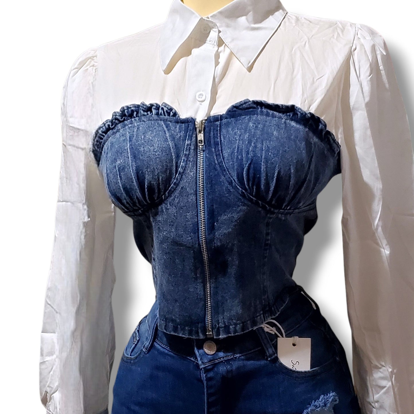 Blusa de manga larga con top tipo corsé de mezclilla y cremallera