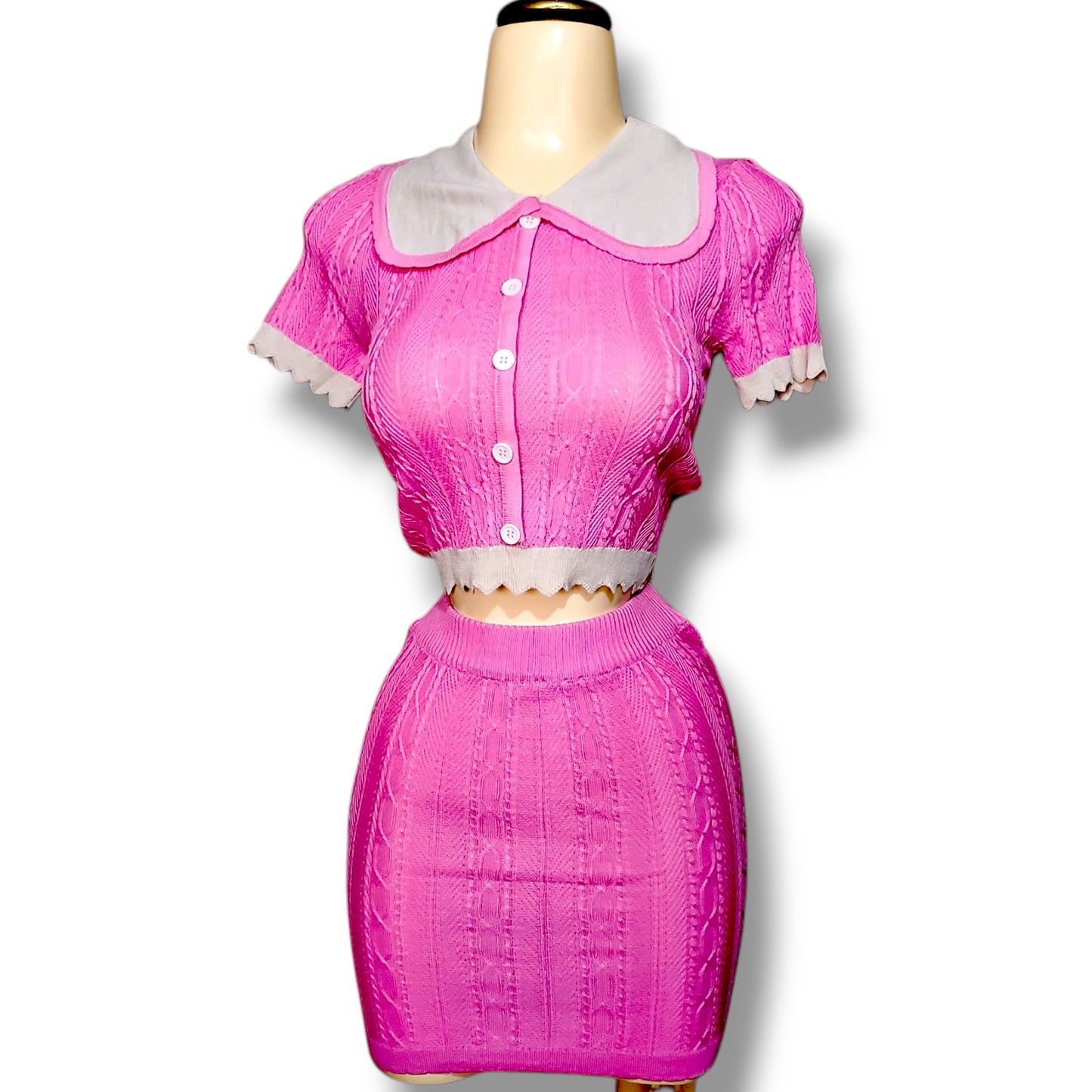 Conjunto acanalado con blusa de botones y minifalda – Cuello Peter Pan