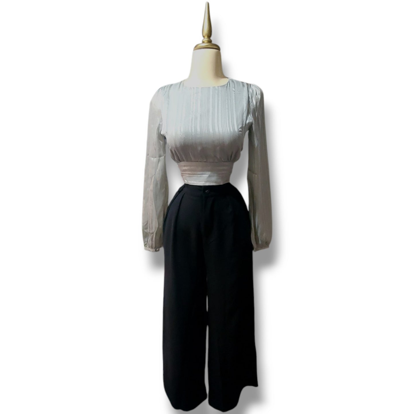 Blusa de manga larga abullonada con escote en espalda y lazo en cintura