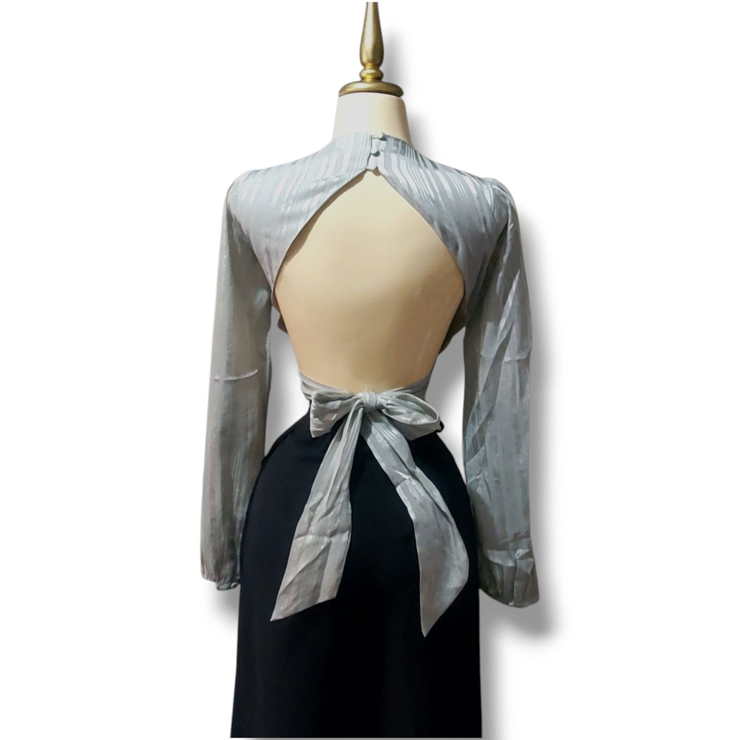 Blusa de manga larga abullonada con escote en espalda y lazo en cintura