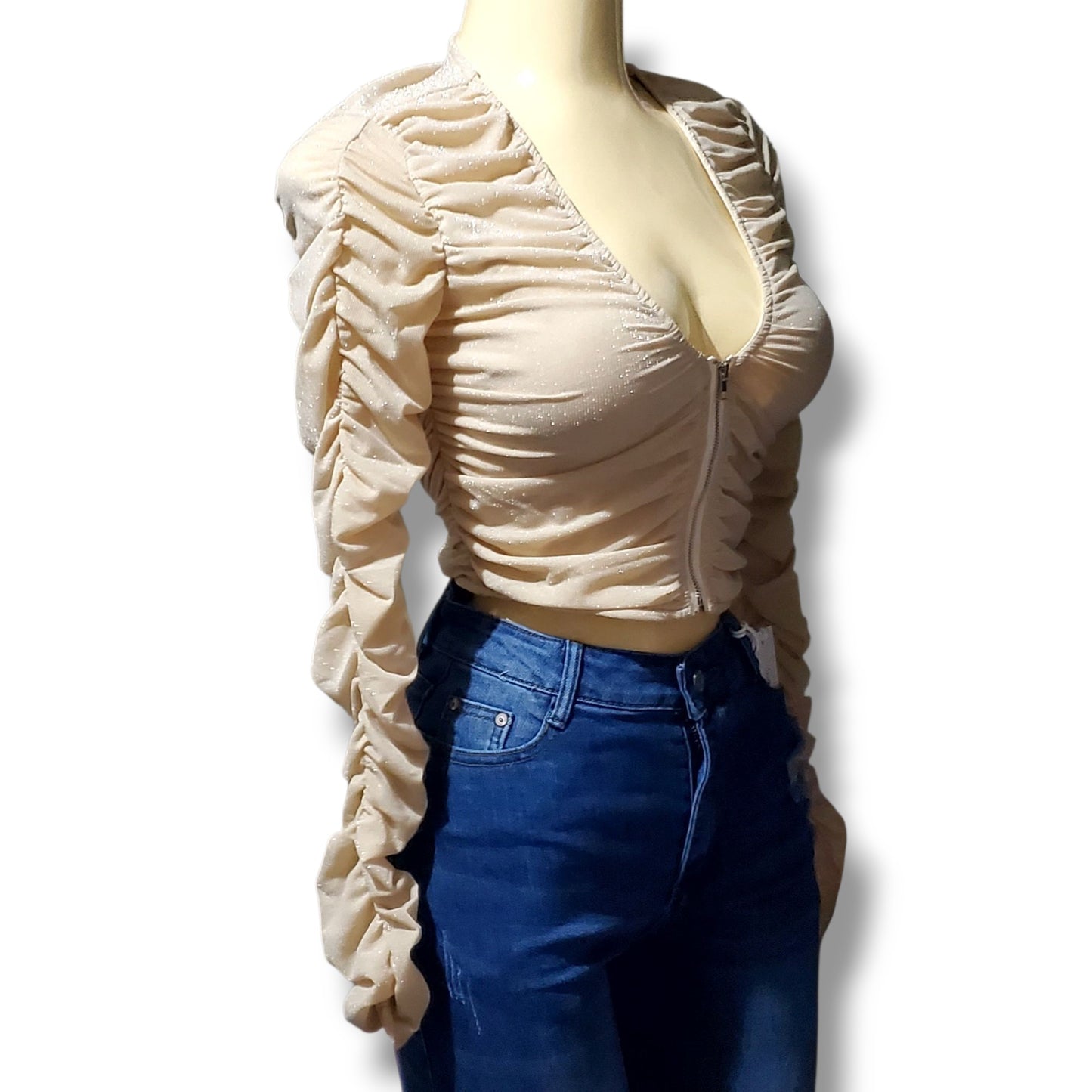 Blusa drapeada con cremallera frontal y mangas modernas