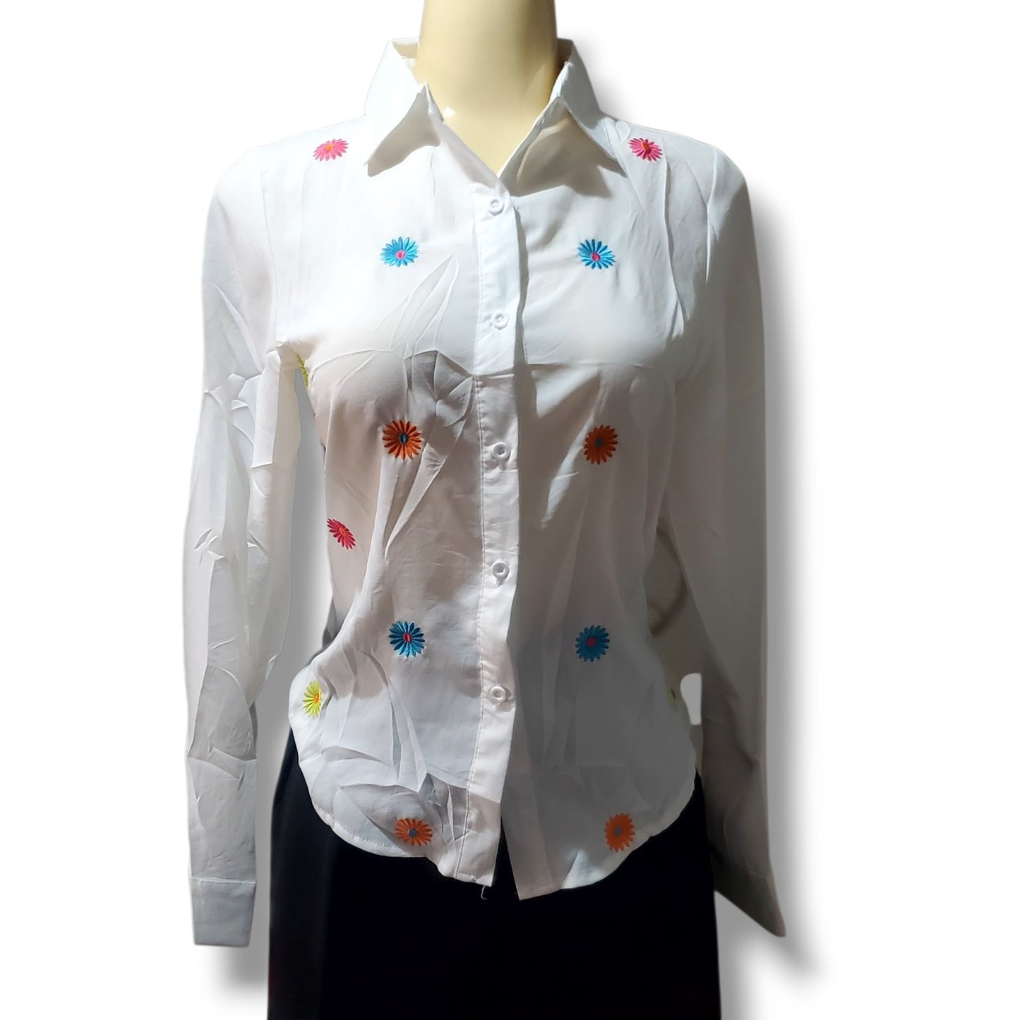 Blusa de vestir de manga larga con flores bordadas multicolor