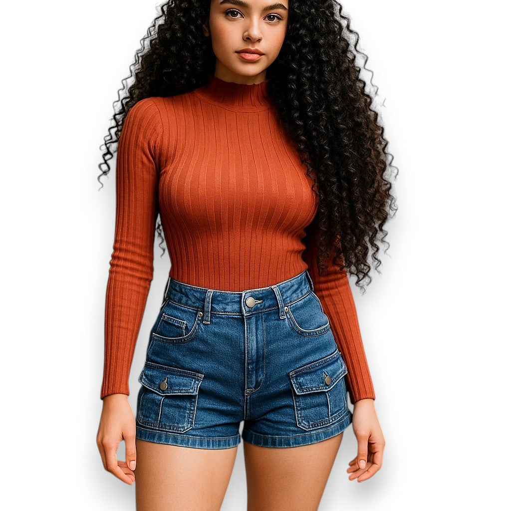 Blusa de cuello alto de manga larga corta