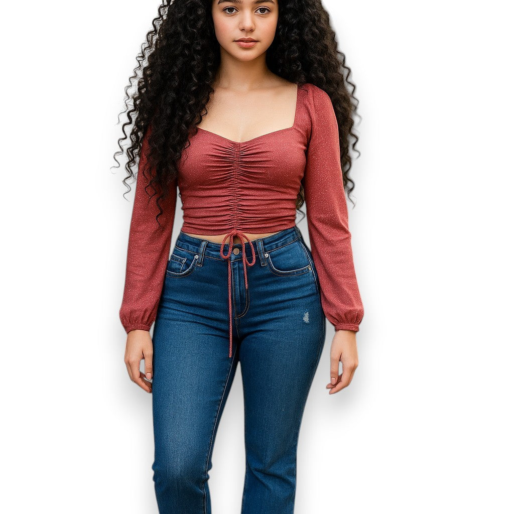 Blusa corta de mangas abullonadas con jareta y efecto corsé