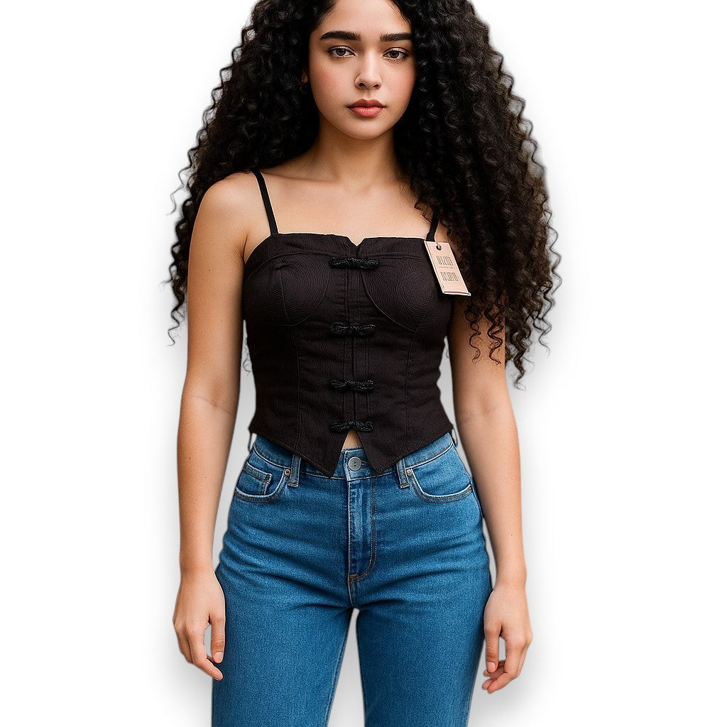 Blusa corta tipo bustier con copa y botones decorativos chinos
