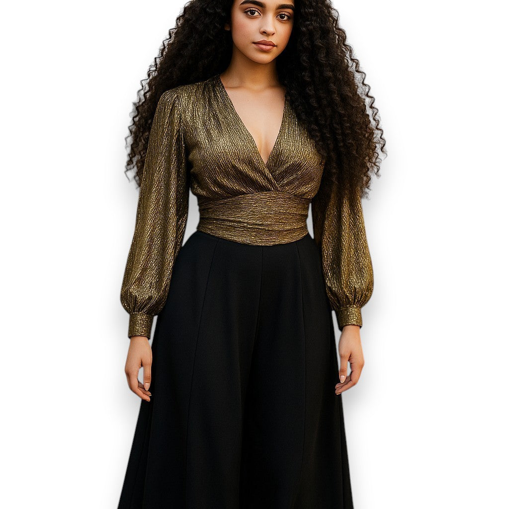 Blusa de manga larga con escote en V y espalda ajustable