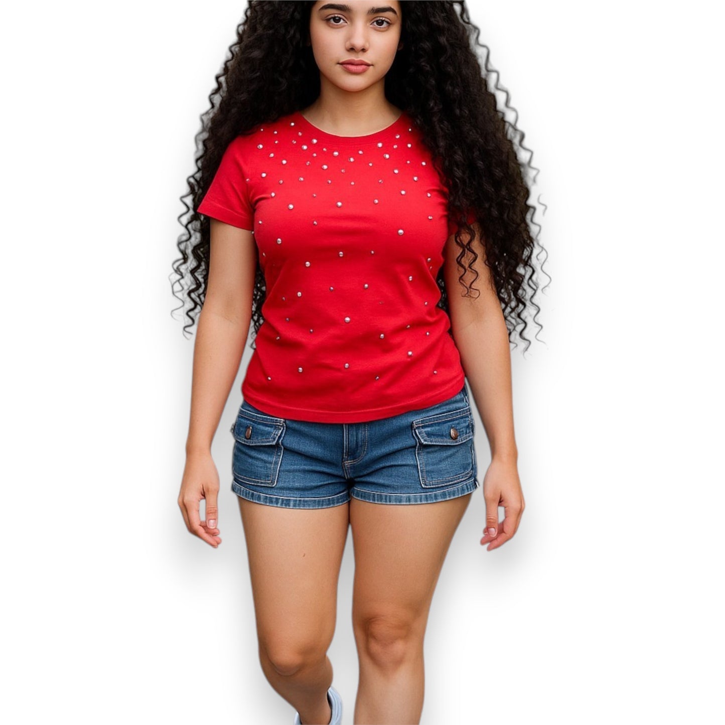 Camiseta de manga corta con pedrería multicolor