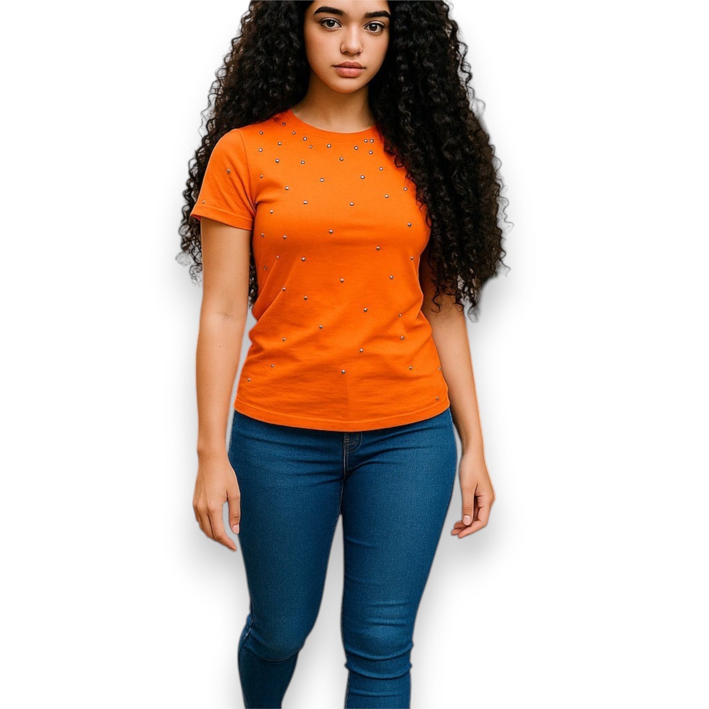 Camiseta de manga corta con pedrería multicolor