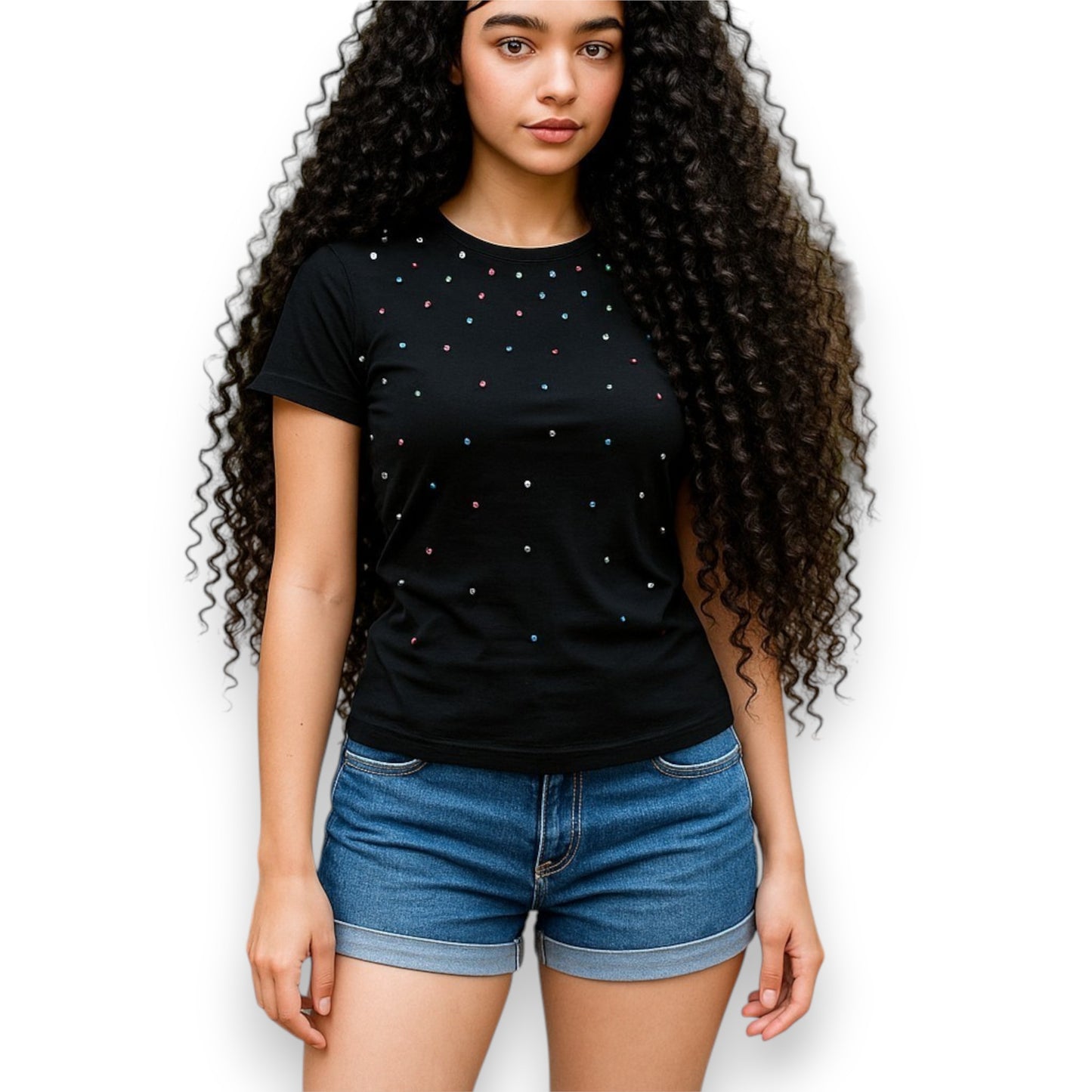 Camiseta de manga corta con pedrería multicolor