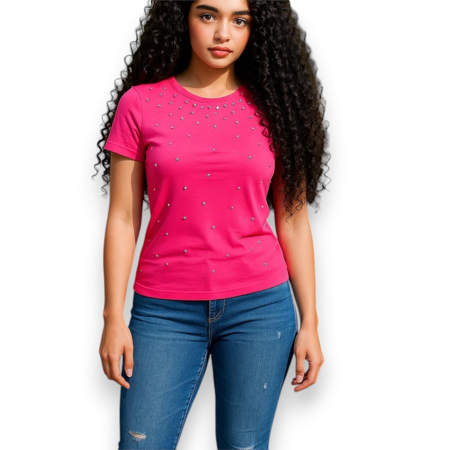 Camiseta de manga corta con pedrería multicolor