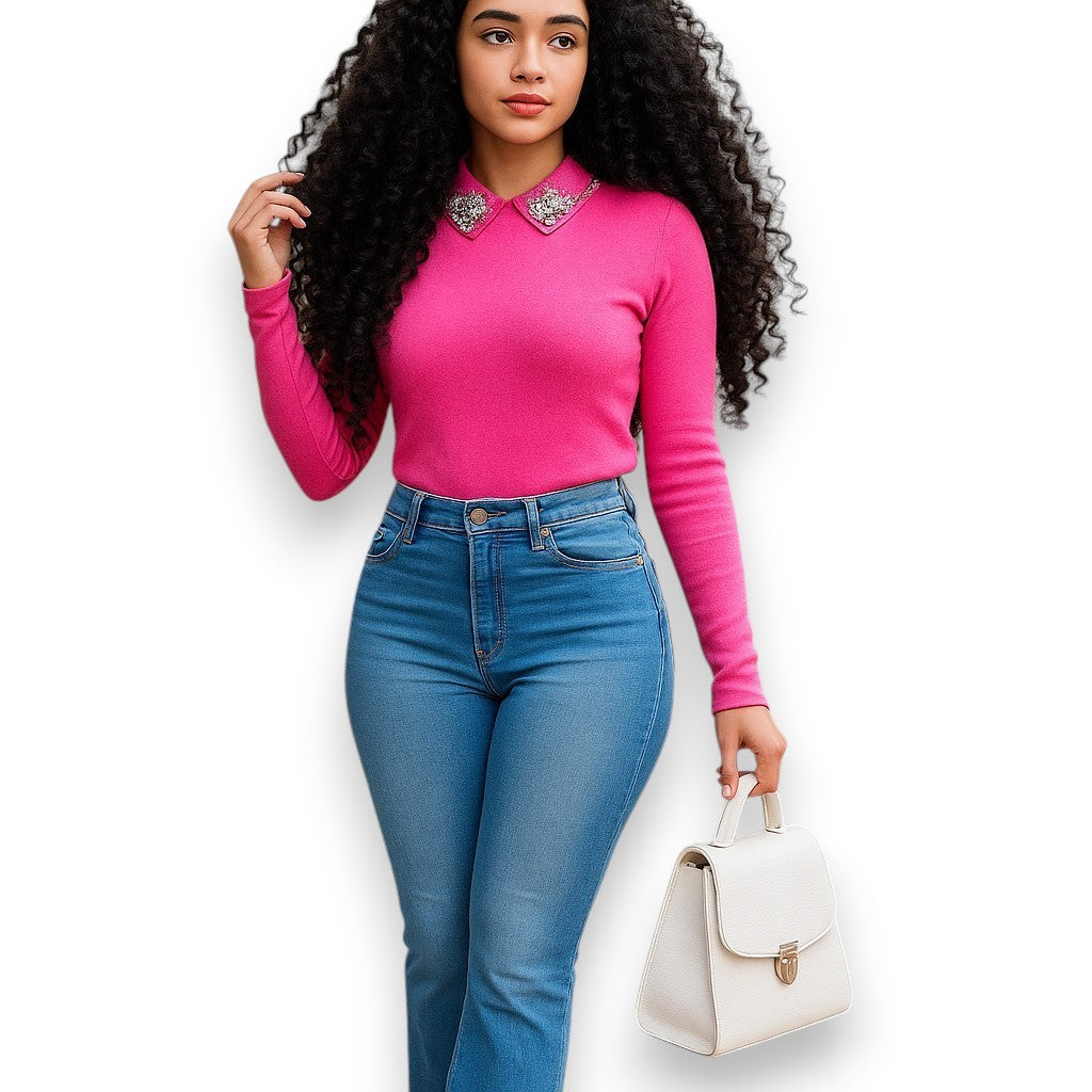 Blusa manga larga con cuello de pedrería – Estilo elegante