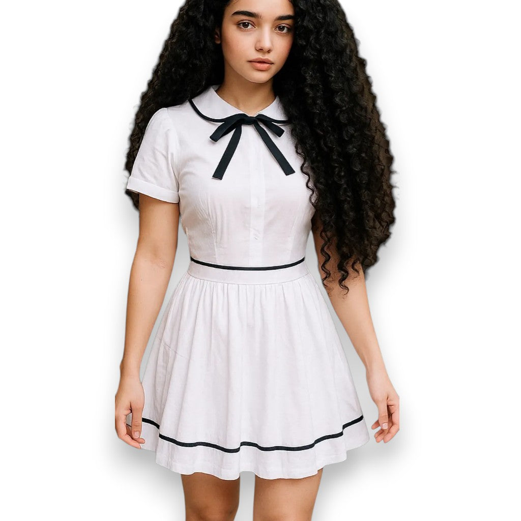 Conjunto acanalado con blusa y falda plisada – Cuello Peter Pan con moño removible