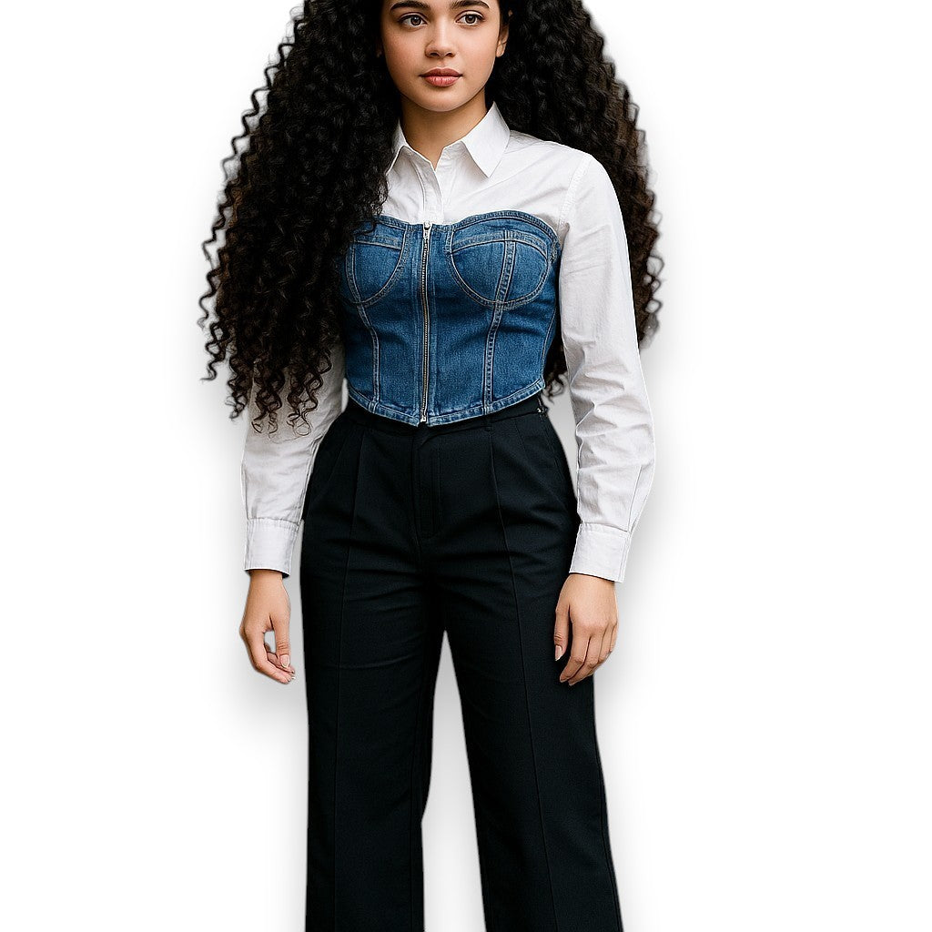 Blusa de manga larga con top tipo corsé de mezclilla y cremallera