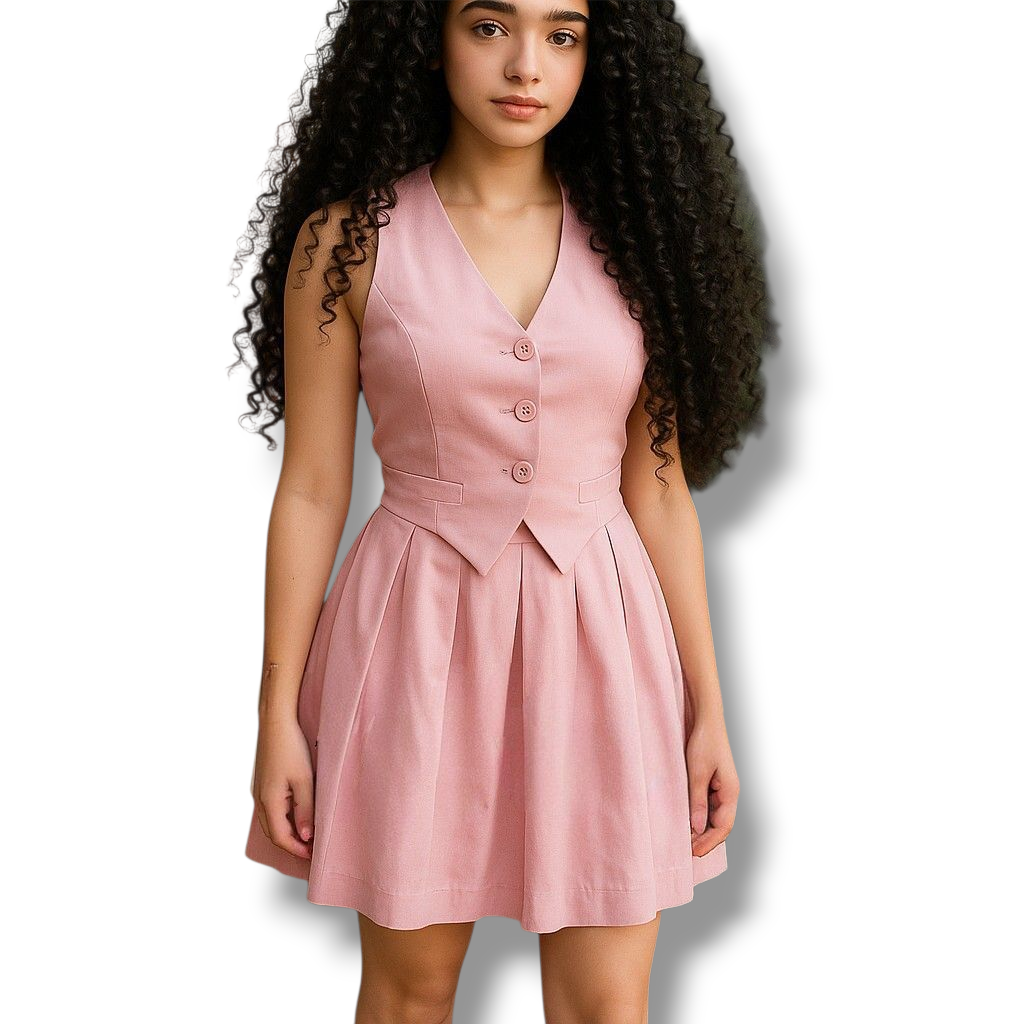 Conjunto juvenil con chaleco tipo halter y minifalda tableada – Detalle de moño en cuello