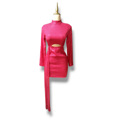 Vestido corto de fiesta con lentejuelas, manga larga y cuello alto