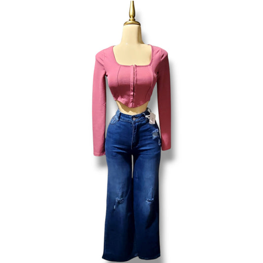 Blusa corta tipo bustier de manga larga con broches frontales
