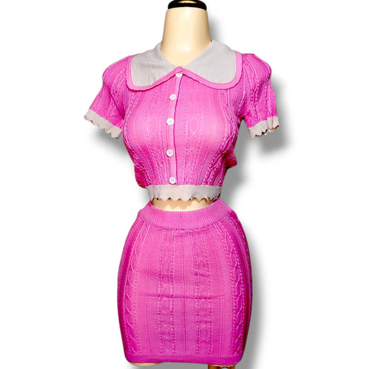 Conjunto acanalado con blusa de botones y minifalda – Cuello Peter Pan