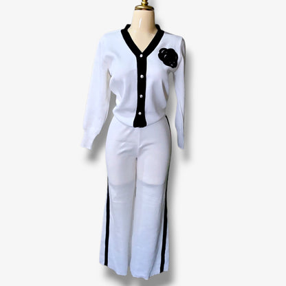 Conjunto con cárdigan y pantalón pata ancha – Detalle floral en canutillo