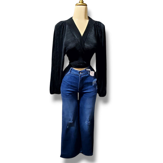 Blusa de manga larga abullonada con escote y cintura ajustable