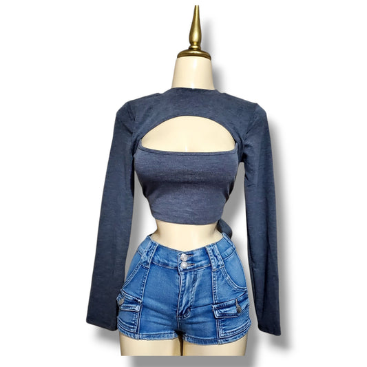 Blusa corta de manga larga con cintura ajustable