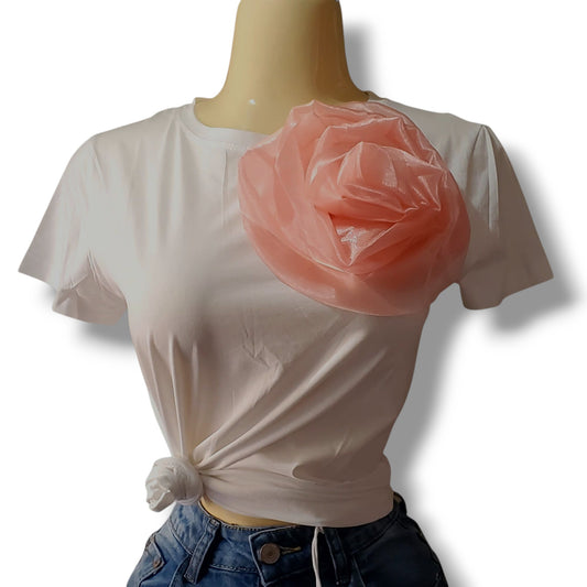 Blusa de cuello redondo con aplique floral 3D – Talla máxima L