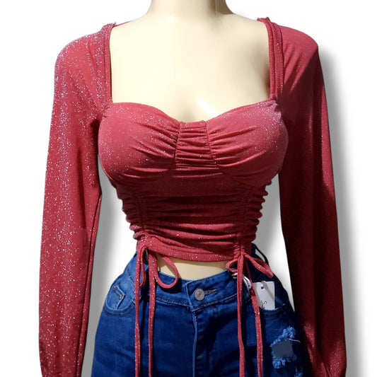 Blusa corta de mangas abullonadas con jareta y efecto corsé