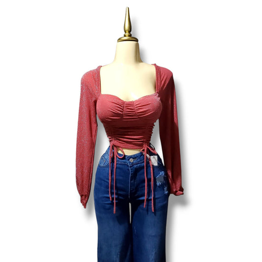 Blusa corta de mangas abullonadas con jareta y efecto corsé