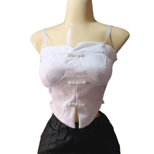 Blusa corta tipo bustier con copa y botones decorativos chinos