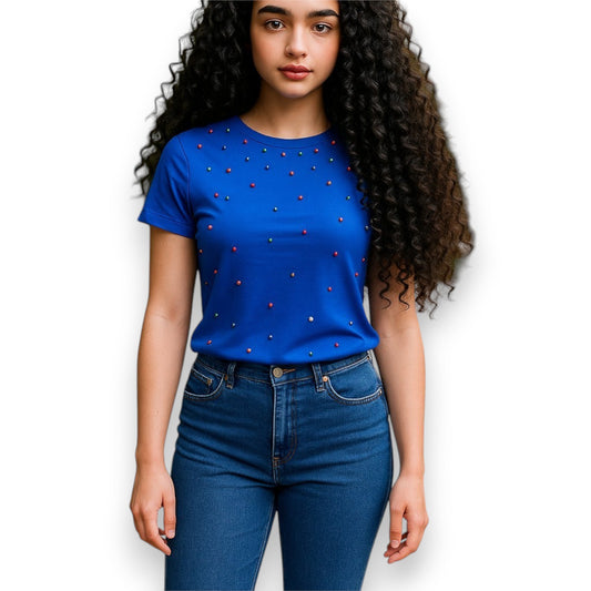Camiseta de manga corta con pedrería multicolor