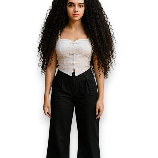 Blusa corta tipo bustier con copa y botones decorativos chinos
