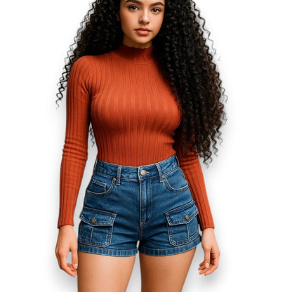 Blusa de cuello alto de manga larga corta