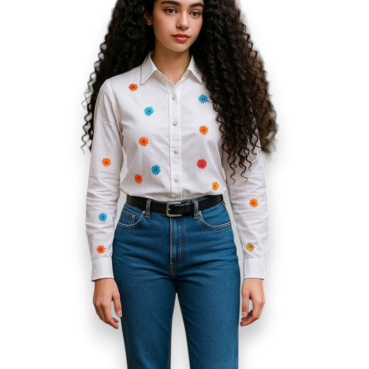 Blusa de vestir de manga larga con flores bordadas multicolor