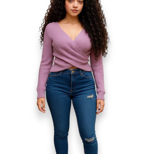 Blusa de punto cruzado con escote en V y mangas largas
