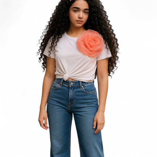 Blusa de cuello redondo con aplique floral 3D – Talla máxima L