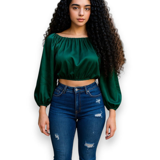 Blusa corta a los hombros con mangas largas abullonadas y elástico