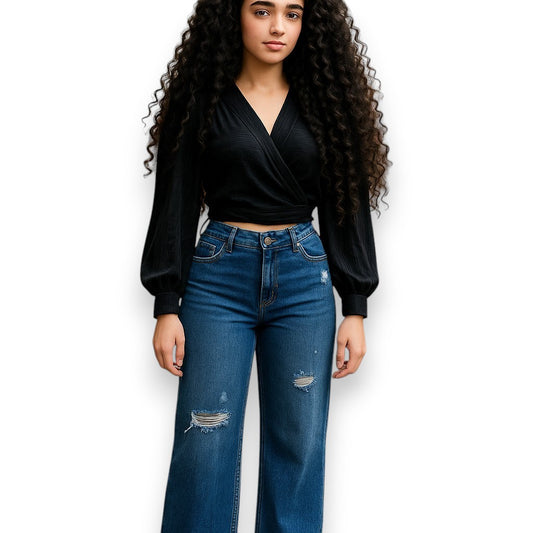 Blusa de manga larga abullonada con escote y cintura ajustable