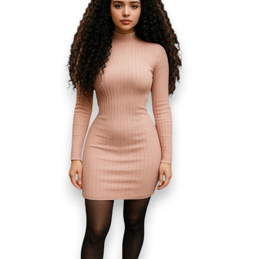Mini vestido de punto acanalado rosa con cuello alto