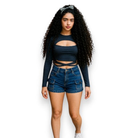 Blusa corta de manga larga con cintura ajustable