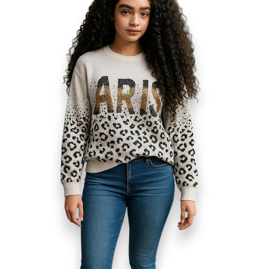 Suéter holgado de punto con estampado de leopardo y lentejuelas