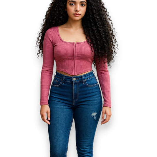 Blusa corta tipo bustier de manga larga con broches frontales
