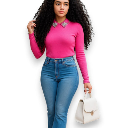 Blusa manga larga con cuello de pedrería – Estilo elegante