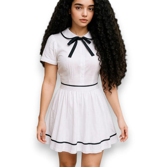 Conjunto acanalado con blusa y falda plisada – Cuello Peter Pan con moño removible